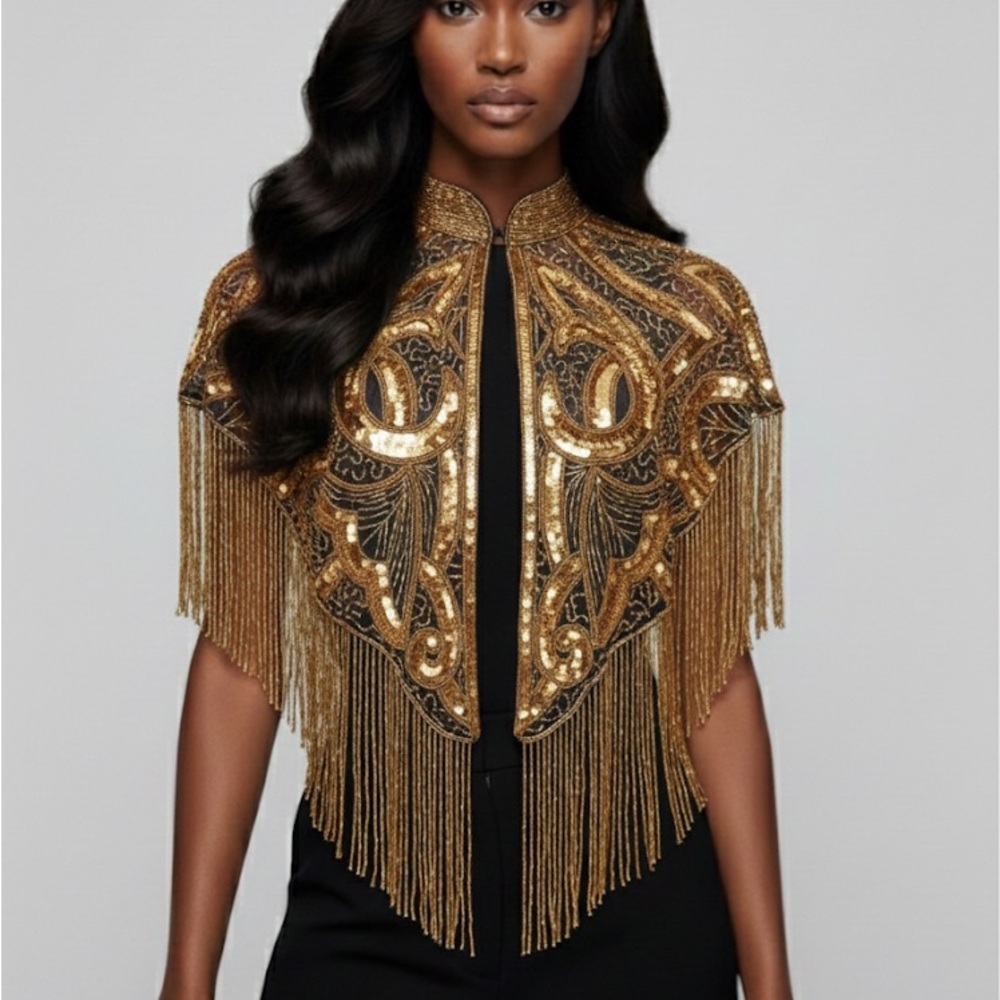 Gold Art Deco Beaded Fringe and Sequin Cape
